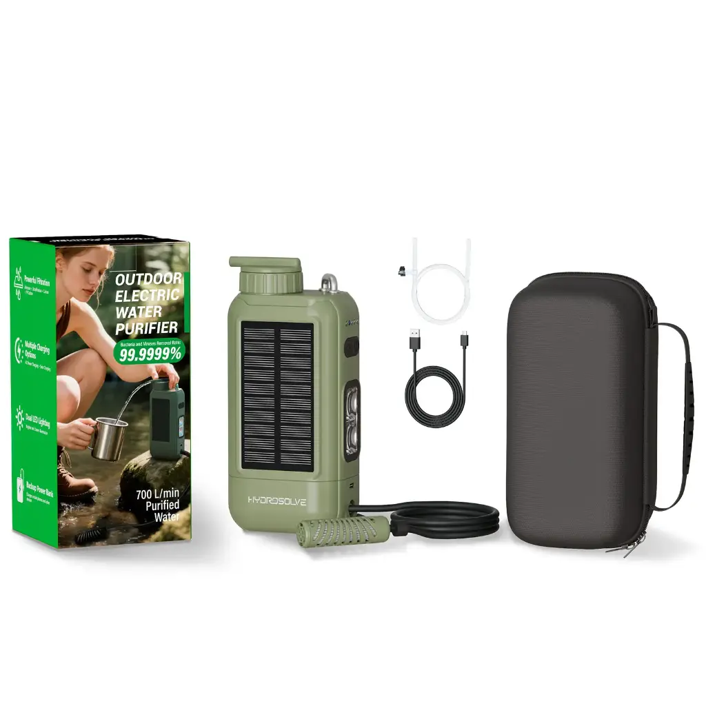 SolarPro Outdoor Wasserfilter – Elektrisch, Tragbar & Wiederaufladbar – 0,01 Mikron – Solar/USB/Kurbel – Powerbank – für Camping, Wandern, Notfall & Survival